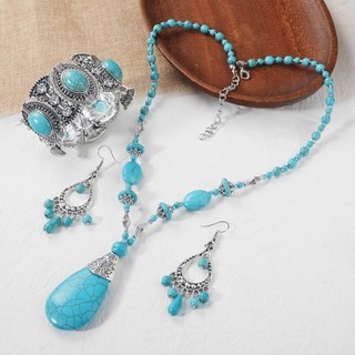 Vòng cổ Mặt Đá Ngọc Lam Tự Nhiên Phong Cách Bohemian Dành Cho Nữ A003