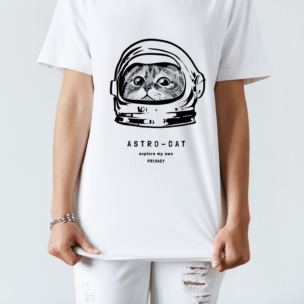 Áo thun trắng in hình Astro Cat co dãn thấm hút mồ hôi đủ size 40-100kg form rộng Basetee Unisex