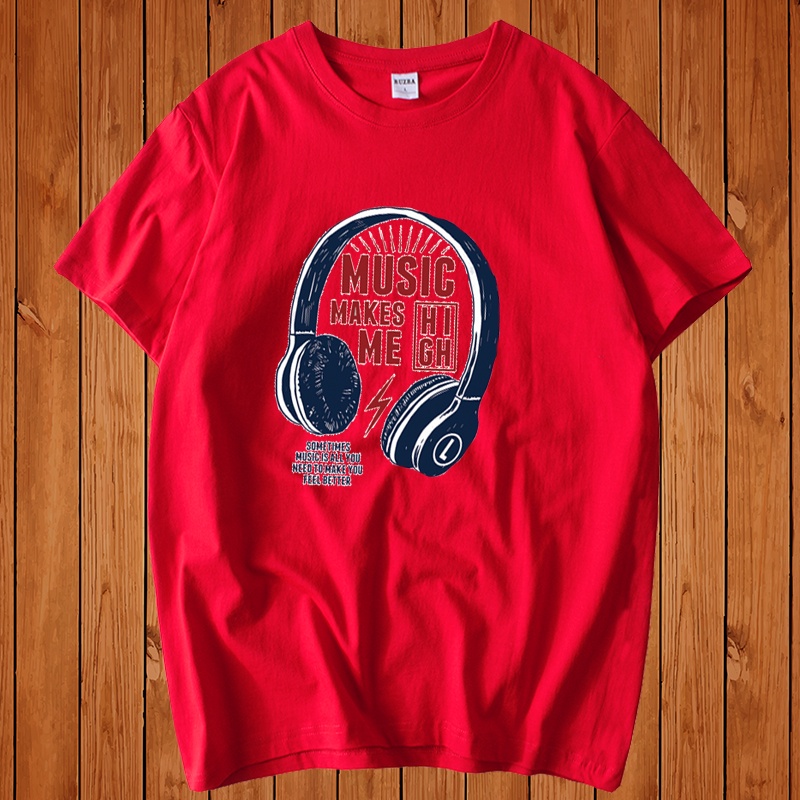 Áo Thun Nam Form Rộng HappyTee - Mẫu Họa Tiết Tai Nghe MUSIC MAKE ME HIGH Chất Vải Cotton 100-Màu Trắng Đen Xám Xanh Rêu