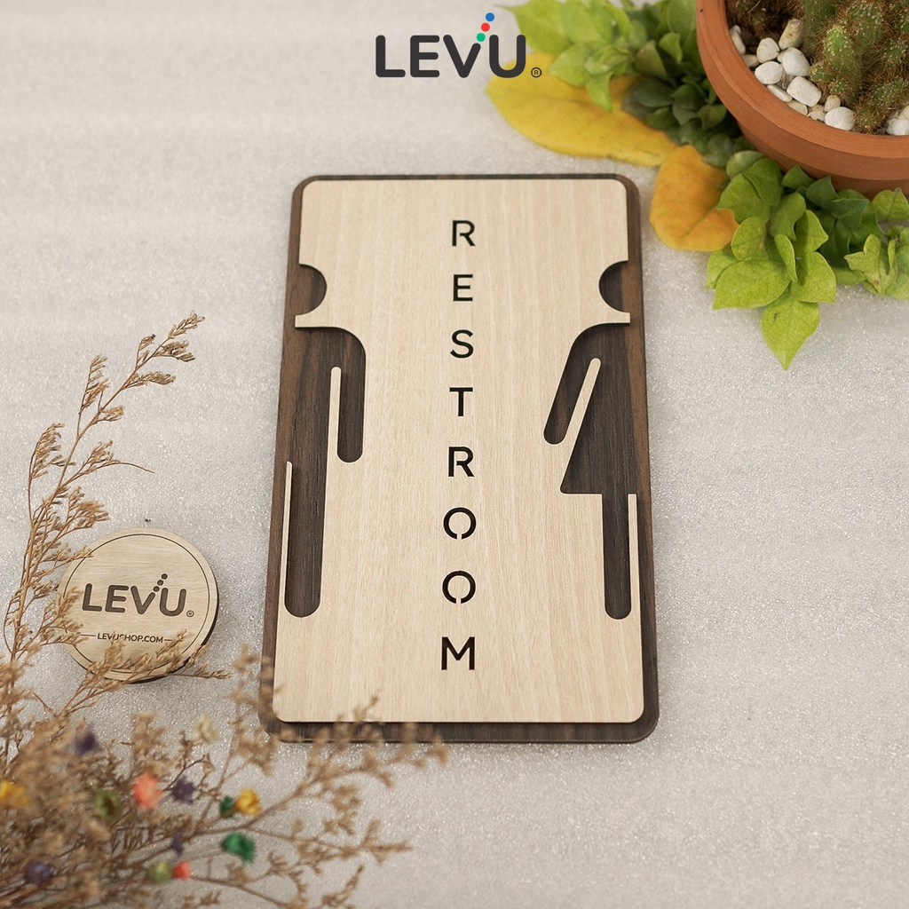 Bảng hiệu gỗ Restroom nghệ thuật dán cửa phòng vệ sinh LEVU-TL36