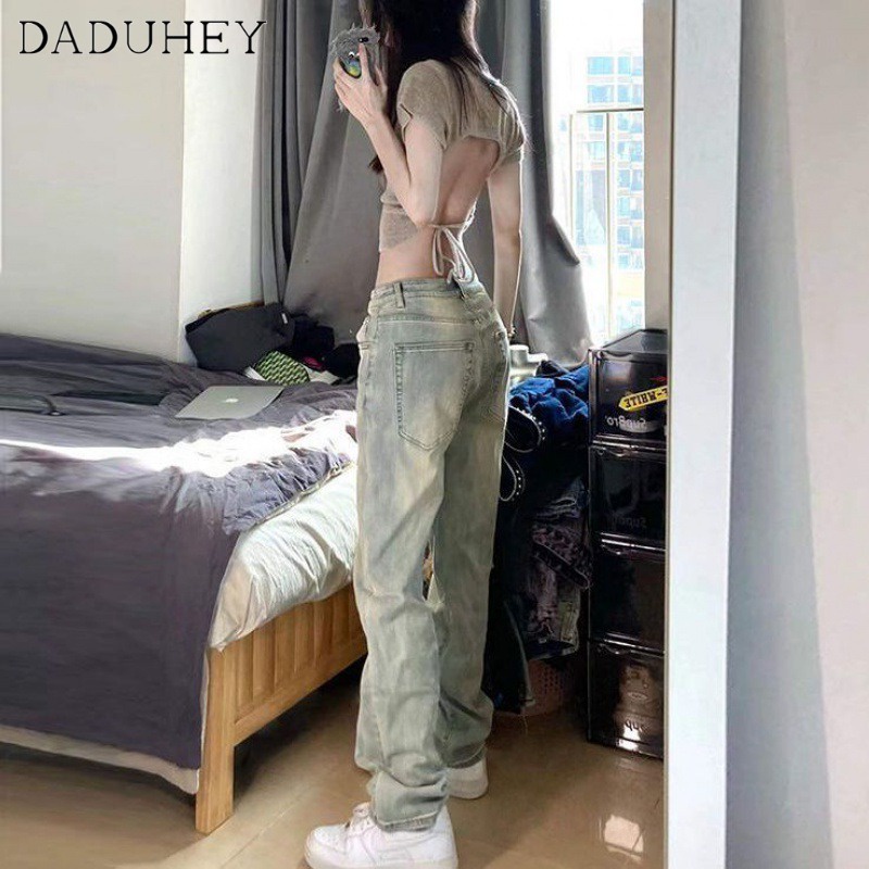 Ảnh Quần jean DADUHEY giặt sờn màu vàng bùn lưng cao ống suông rộng phong cách Mỹ đường phố retro mới cho nữ 4