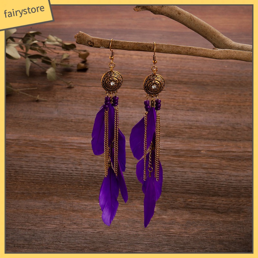 1 Đôi Bông Tai Dáng Dài Phối Lông Vũ Phong Cách Bohemian Cổ Điển Thời Trang Cho Nữ