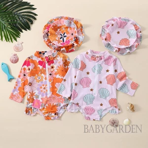 Bộ Đồ Bơi Liền Thân Tay Dài In Họa Tiết Hoa / Vỏ Sò Kèm Mũ Thời Trang Xuân Hè Cho Bé Gái 0-24 Tháng
