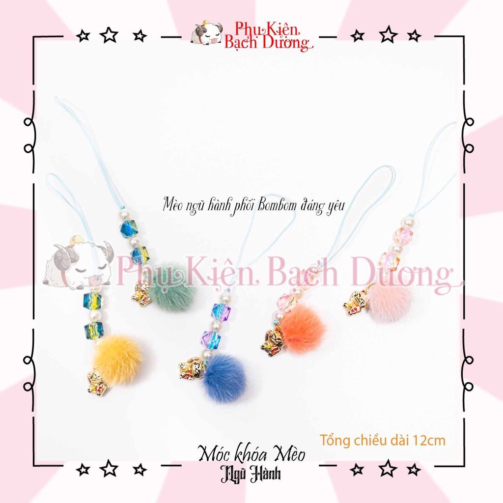 Móc Khóa Theo Ngũ Hành - PomPom Kèm Mèo Tài Vận, Có sẵn, Quà tặng ý nghĩa.