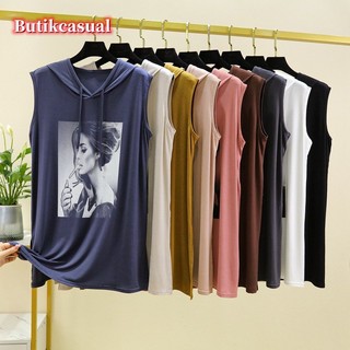 Áo thun nữ có mũ trùm đầu cotton mùa xuân hè Áo không tay in hình dáng rộng giản dị mỏng cỡ lớn