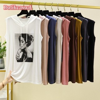 Áo thun nữ có mũ trùm đầu cotton mùa xuân hè Áo không tay in hình dáng rộng giản dị mỏng cỡ lớn