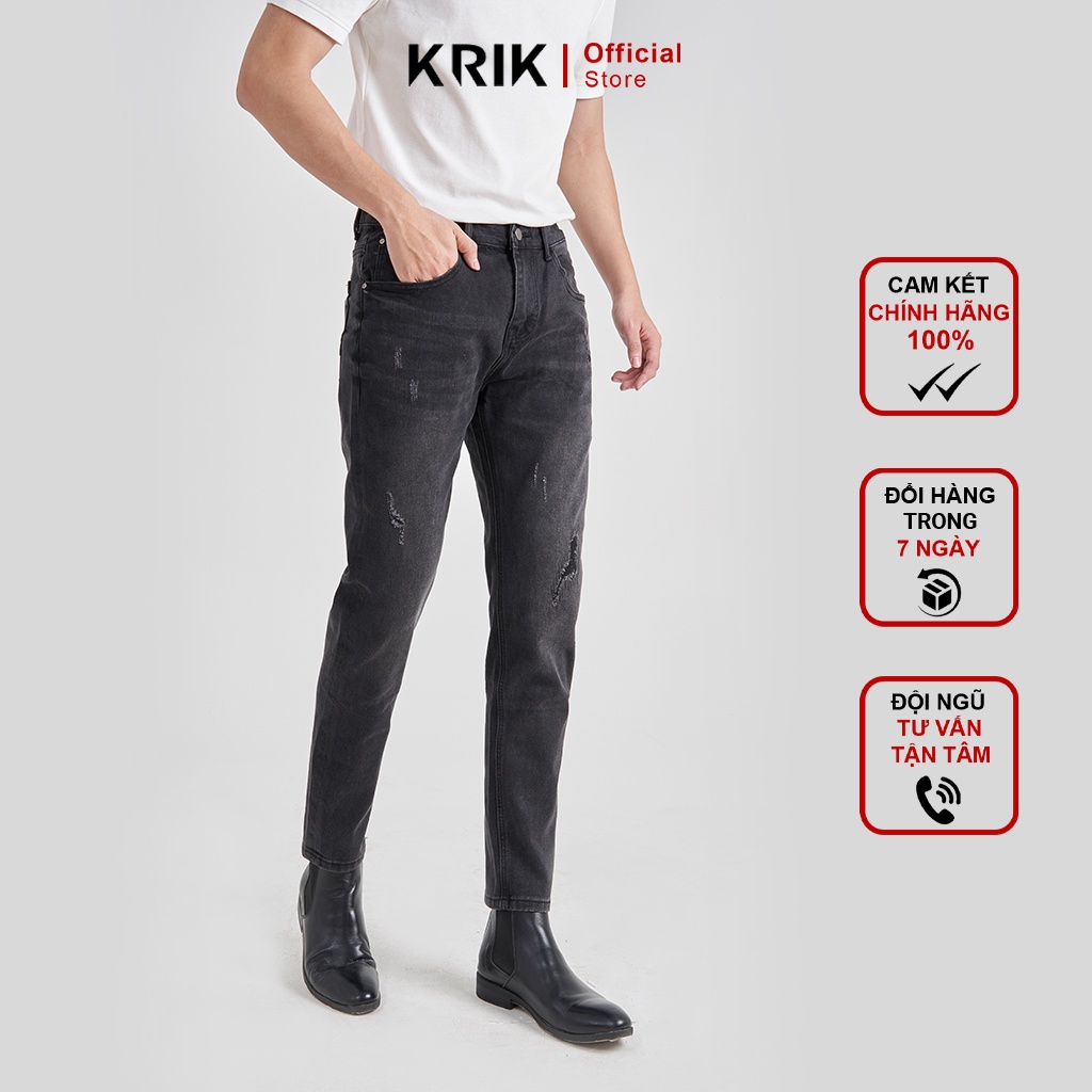 Quần Jean Nam Local Brand KRIK Dáng Slimfit Hàn Quốc, Màu Đen Rách Xước QJ0379