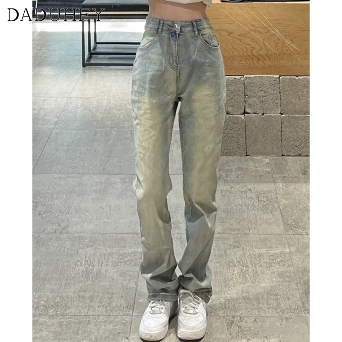 Ảnh DaDuHey New American Style Ins Washed Retro High Street Yellow Mud Jeans High Waist Slim Straight Pants 2