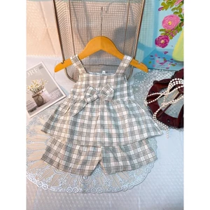 Bộ 2 dây bé gái chất liệu đũi sọc caro hàn quốc siêu mát 6-16kg, bộ đũi 2 dây bé gái