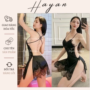 HT65 Váy ngủ sexy dây chéo lưng xẻ hông quyến rũ, đầm ngủ lụa dây buộc hông gợi cảm HT65