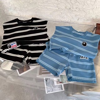 Áo Vest Bé Trai Sọc, Áo Thun, Quần Short Không Tay Cotton Nguyên Chất Bộ Đồ Hai Mảnh