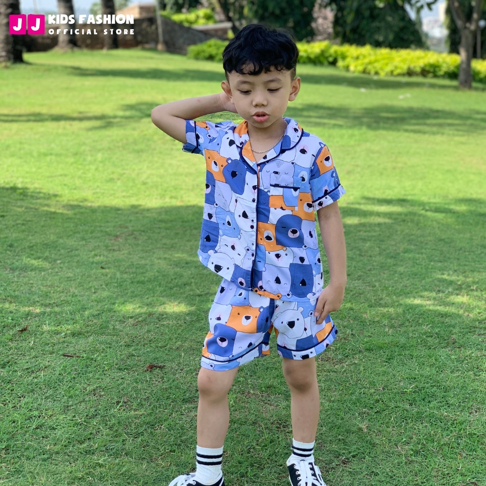 Bộ bé trai mùa hè JJ KIDS Pijama lụa mềm mại, in hình thú dễ thương 2,3,4,5,6,7,8,9,10,11,12 tuổi