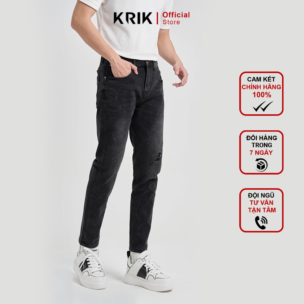 Quần Jean Nam KRIK Dáng Slimfit Hàn Quốc, Màu Đen Xước Trẻ Trung Cá Tính QJ0350