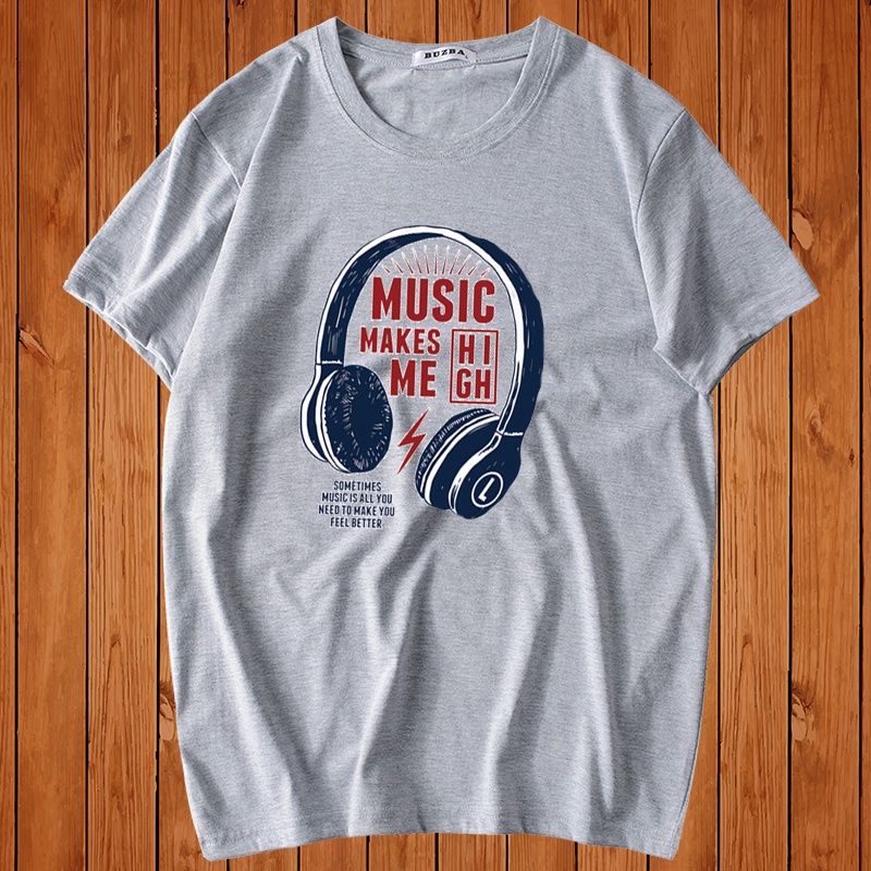 Áo Thun Nam Form Rộng HappyTee - Mẫu Họa Tiết Tai Nghe MUSIC MAKE ME HIGH Chất Vải Cotton 100-Màu Trắng Đen Xám Xanh Rêu