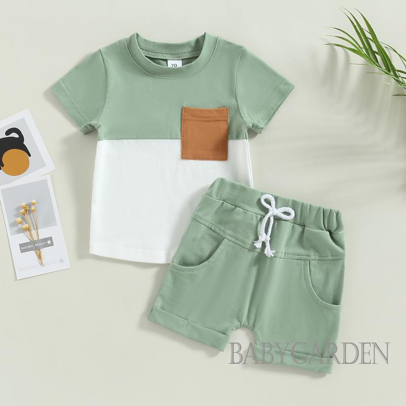 Set Áo Thun Tay Ngắn & Quần Short Rút Dây Màu Sắc Tương Phản Cho Bé Trai 0-3 Tuổi