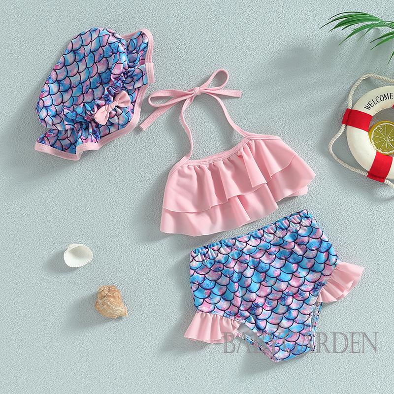 Bộ Đồ Bơi Bikini Gồm Áo Không Tay Và Quần Ngắn Có Nón Dành Cho Bé Gái 9 Tháng-4 Tuổi