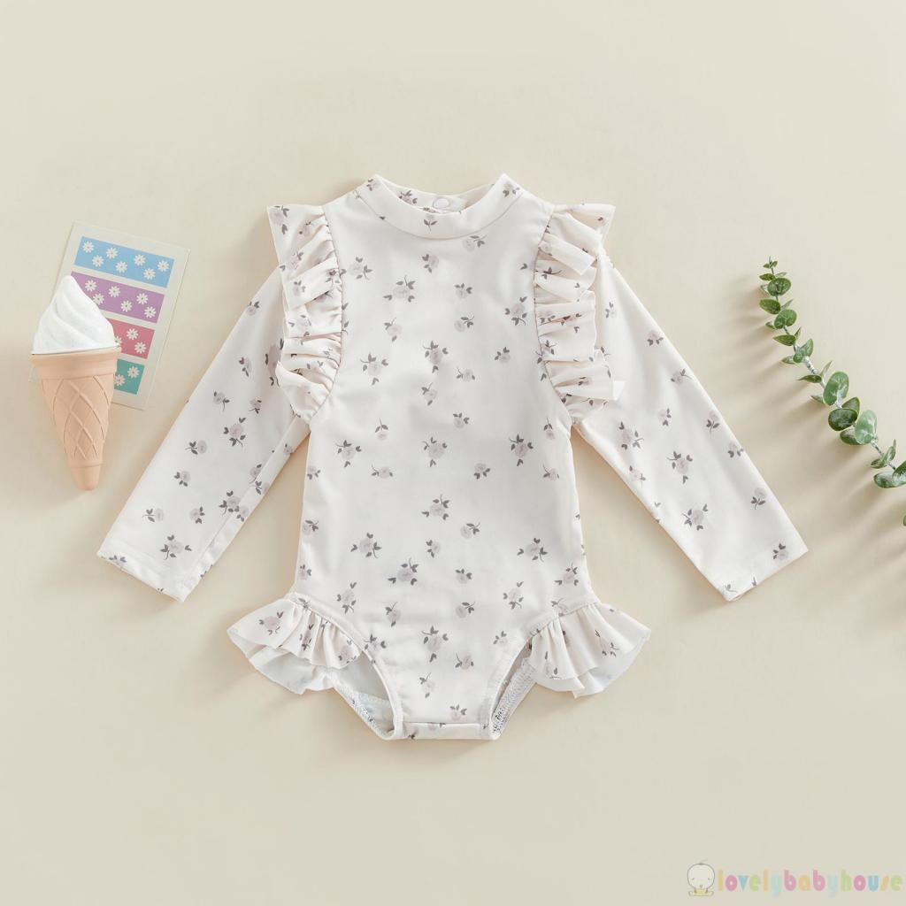 Bộ Đồ Bơi Bikini Tay Dài Cổ Tròn In Hoa / Kẻ Sọc Thời Trang Mùa Hè Cho Bé Gái
