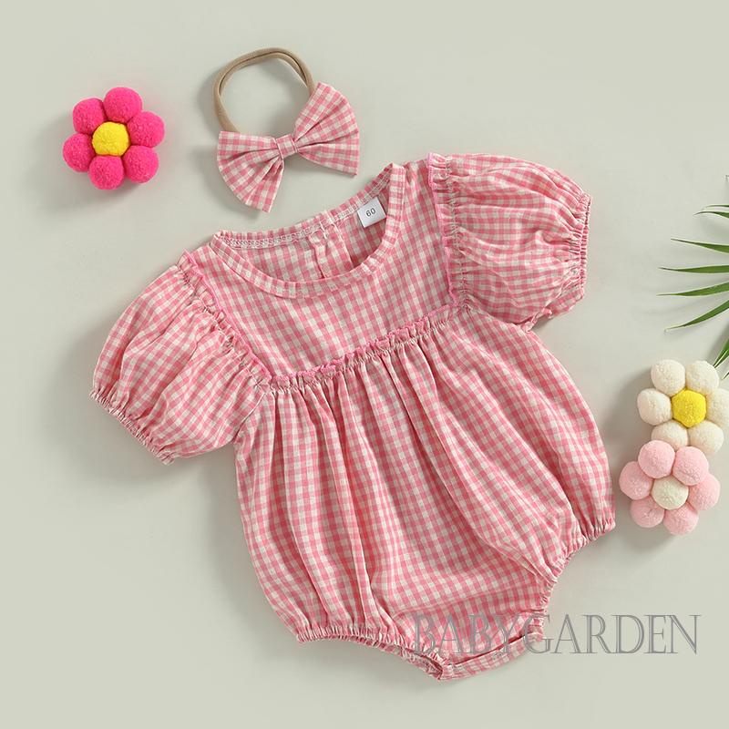 Bộ Áo Liền Quần Tay Phồng Ngắn In Họa Tiết Kẻ Sọc + Băng Đô Cài Tóc Xinh Xắn Cho Bé Gái 0-18