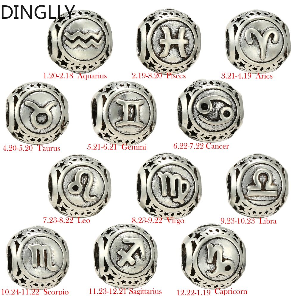 Hạt Charm Tròn 12 Cung Hoàng Đạo Màu Sắc Bạc Làm Trang Sức Diy