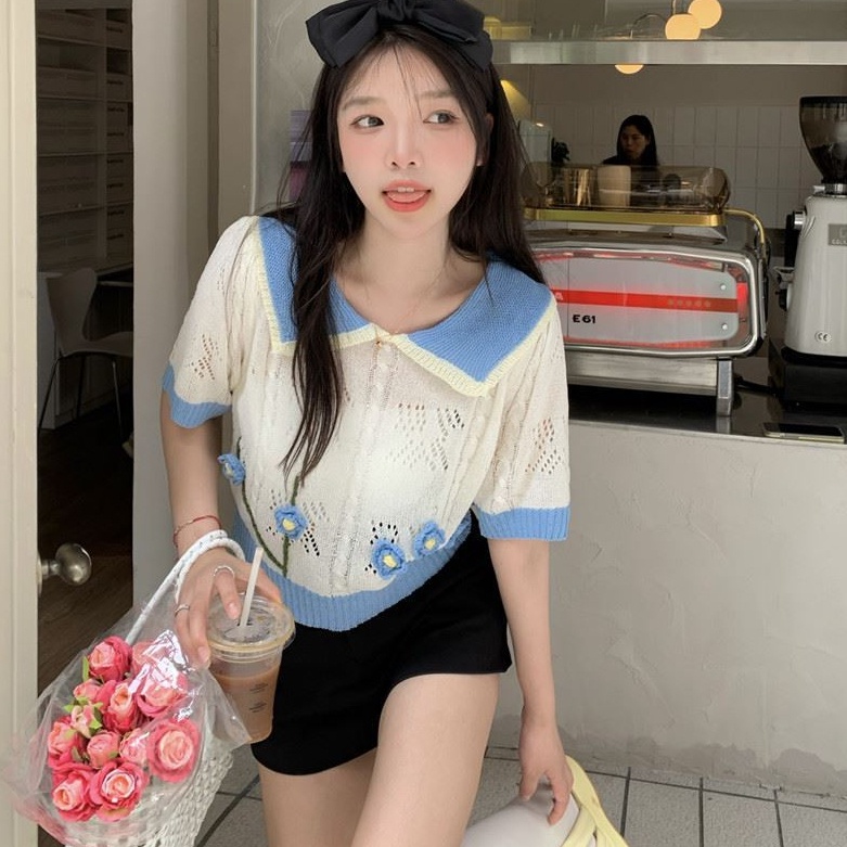 Áo Thun Polo Dệt Kim Tay Ngắn Dáng Ôm Dễ Thương Thời Trang Mùa Hè