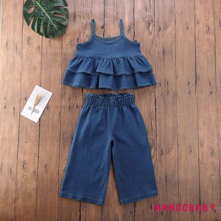 Mg-toddler Girl Trang phục Denim mùa hè, Áo hai dây xù không tay + Quần ống rộng lưng cao Trang phục màu xanh