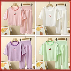 Phong Cách Mới Bé Gái Homewear Phù Hợp Với Mật Ong Mầm Ren Bé Gái Tay Ngắn Dễ Thương Bé Gái Trẻ Em Phù Hợp Với Mùa Hè