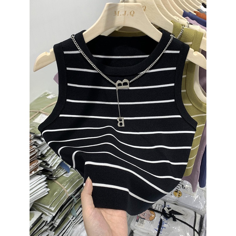 Áo Crop top cạp cao SUXI sọc nữ mùa hè Slim Fit Áo không tay