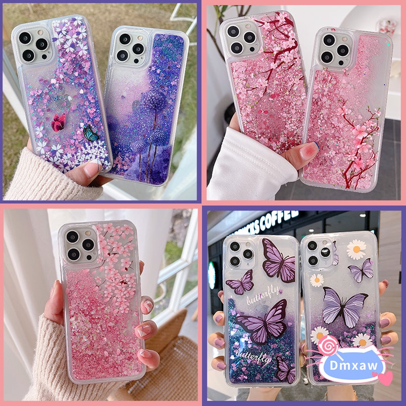 Dành Cho Xiaomi 13 12T 12 Pro 12X Mi 11 Lite Hoa Anh Đào Lấp Lánh Chất Lỏng Hoa Cúc Bướm Đào Hoa Bling Năng Động Cát lún Sáng Mặt Sau
