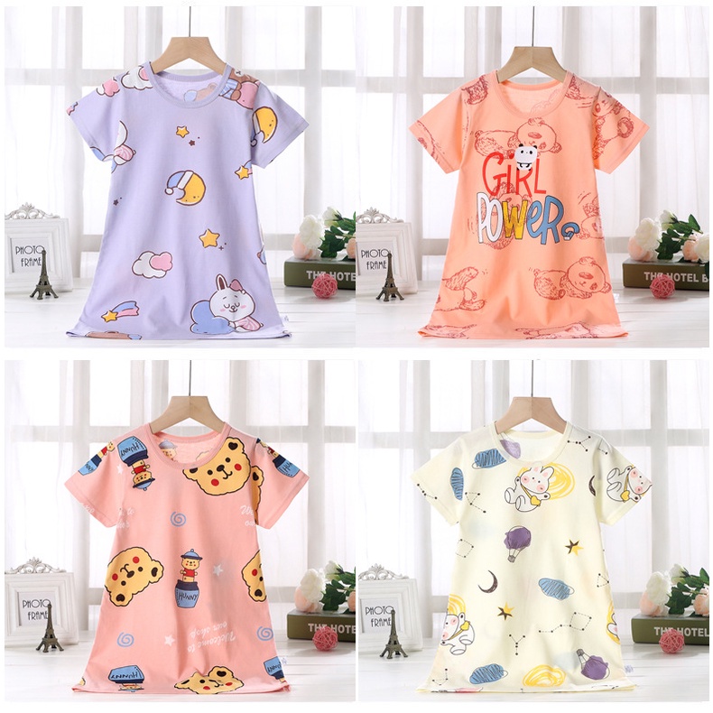 100-150cm Bé Gái Váy Ngủ Cotton Nguyên Chất Mùa Hè Phong Cách Mới Bé Gái Tay Ngắn Điều Hòa Quần Áo Phiên Bản Hàn Quốc Phong Cách Mỏng Quần Áo Gia Đình Bộ Đồ Ngủ Trẻ Em Váy Ngủ