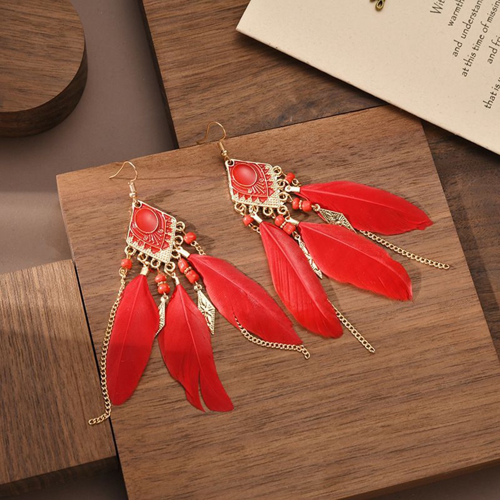 1 Đôi Bông Tai Hình Chữ Nhật Đính Lông Vũ Tua Rua Phong Cách Bohemian