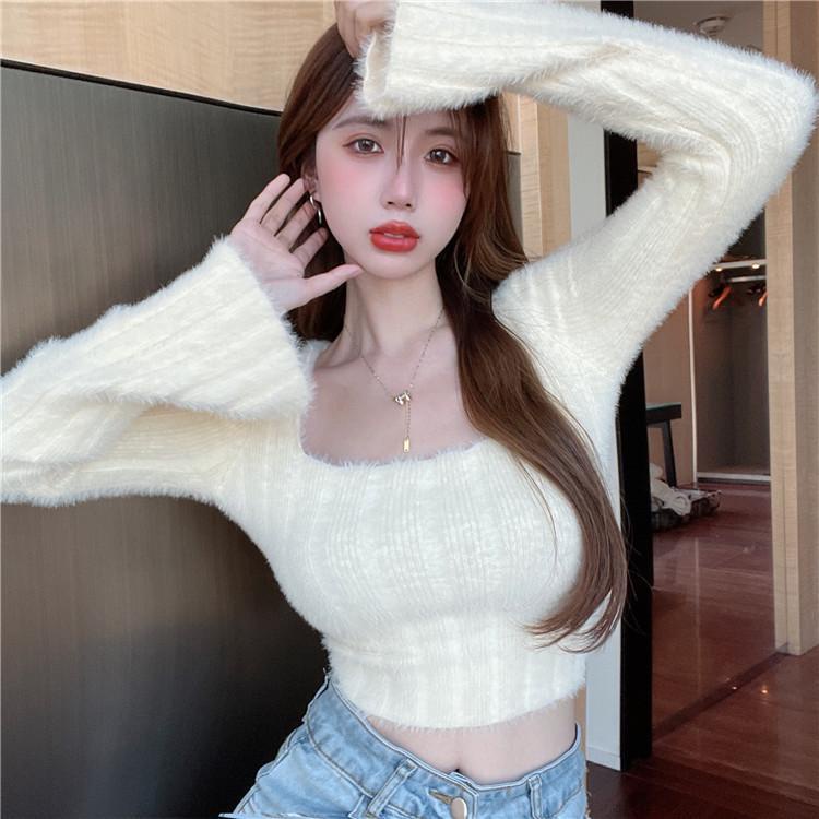 Yisen Mai Áo Sweater Dệt Kim Tay Dài Cổ Vuông Phong Cách Hàn Quốc Thời Trang Mùa Thu