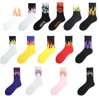Harajuku Unisex Flame Print Crew Socks Hip Hop Contrast Color Skateboard Hosiery