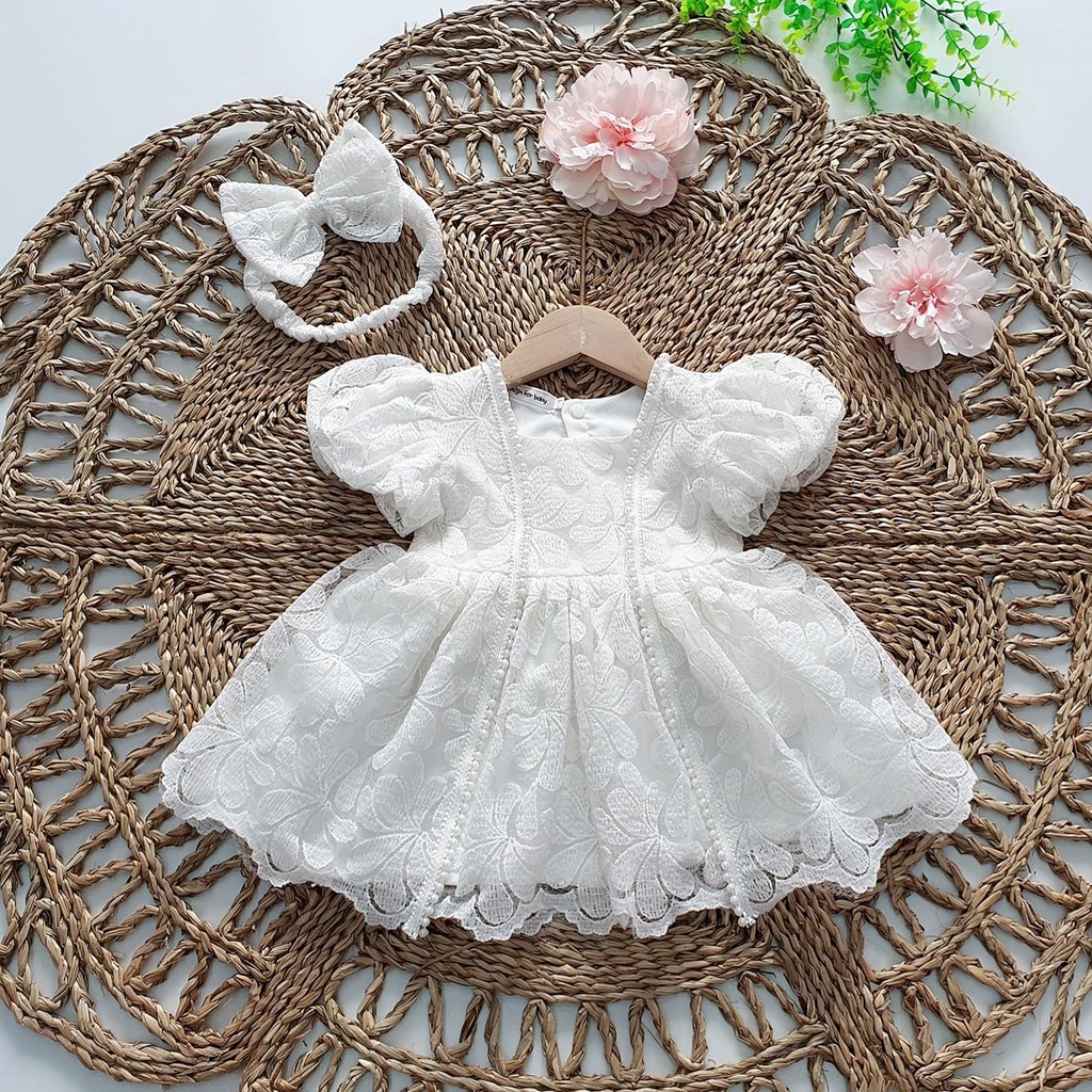Set váy công chúa bé gái kèm nơ MINTSCLOSET Mints Closet váy tiểu thư trắng ren viền bé sơ sinh 1 2 3 4 tuổi - GS1152