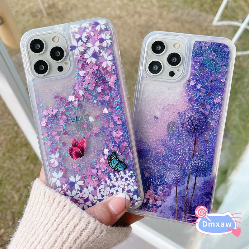 Dành Cho Xiaomi 13 12T 12 Pro 12X Mi 11 Lite Hoa Anh Đào Lấp Lánh Chất Lỏng Hoa Cúc Bướm Đào Hoa Bling Năng Động Cát lún Sáng Mặt Sau