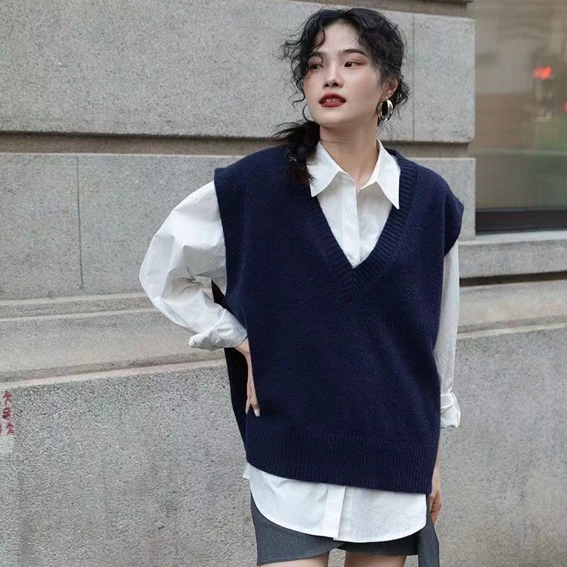 Plus Size Áo Vest Dệt Kim Nữ Gấp Mặc Rời Bên Trong Màu Trơn Mới Hàn Quốc