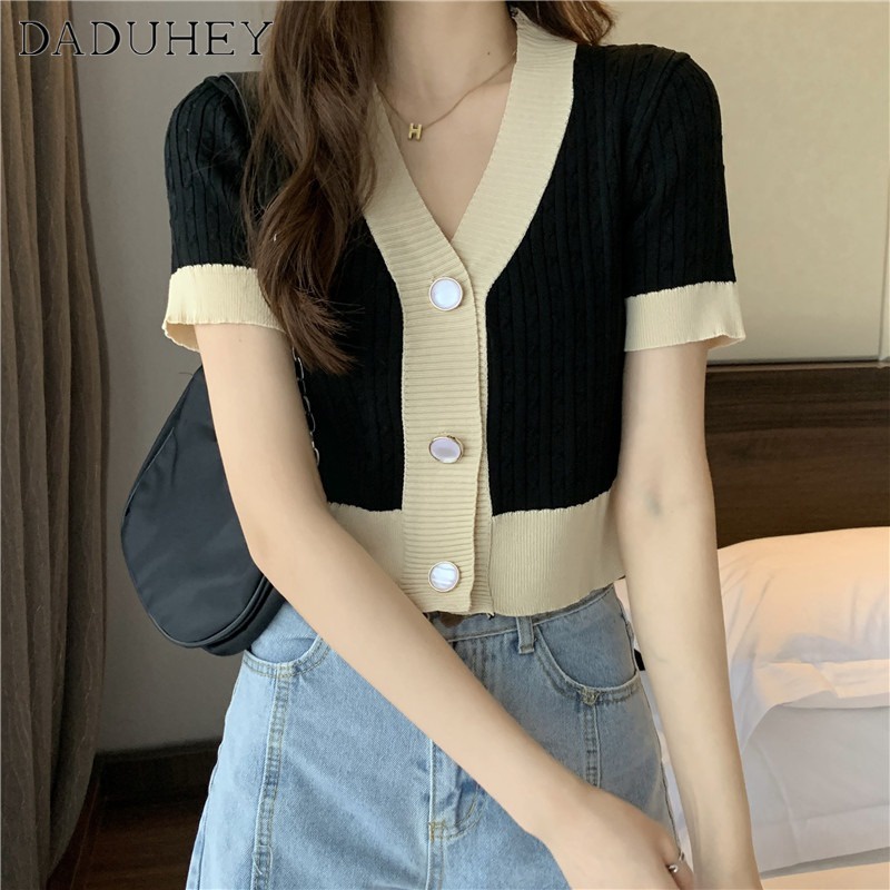 Ảnh Áo DADUHEY tay ngắn chữ V dệt kim dáng rộng 4 màu tùy chọn thời trang cho nữ 2023 3