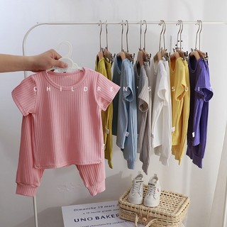 0-16Years Bộ Đồ Ngủ Trẻ Em Hạt Dọc Màu Trơn Bộ Đồ Ngủ Mềm Mại Bé Trai Bé Gái Tay Ngắn Mặc Ở Nhà