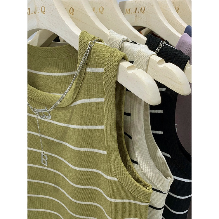 Áo Crop top cạp cao SUXI sọc nữ mùa hè Slim Fit Áo không tay