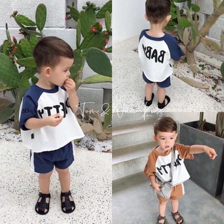 S02-[XẢ KHO] Đồ bộ cộc tay bé trai chữ PRETTY - Size 9-28Kg