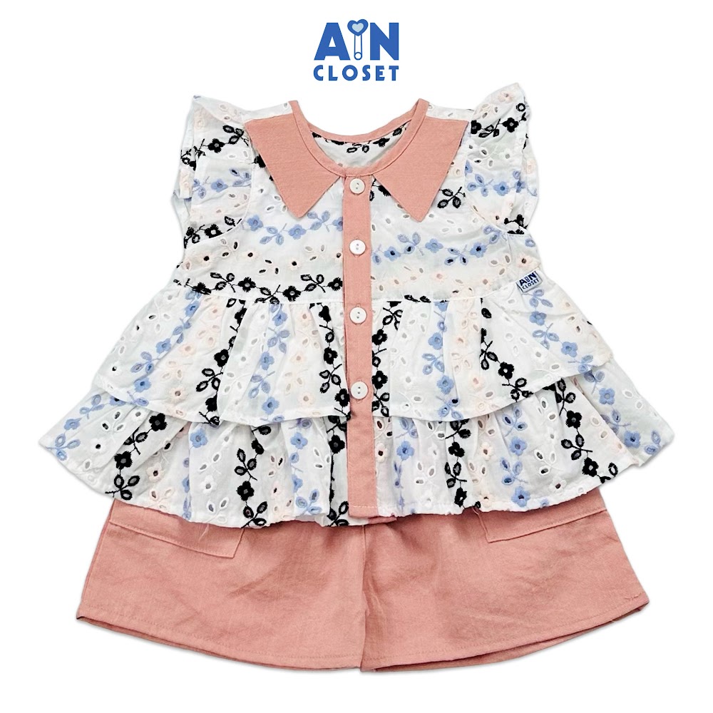 Bộ quần áo ngắn bé gái họa tiết Lá Thêu quần hồng cotton - AICDBGNTEWJY - AIN Closet