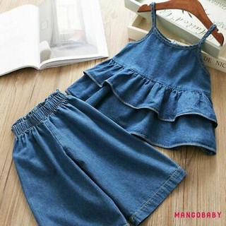 Mg-toddler Girl Trang phục Denim mùa hè, Áo hai dây xù không tay + Quần ống rộng lưng cao Trang phục màu xanh