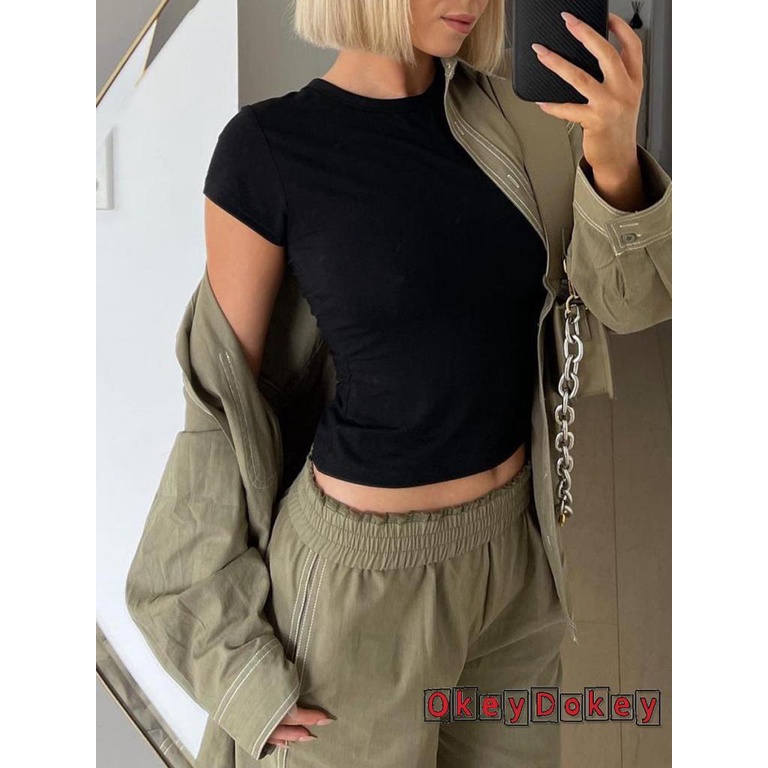 Áo Thun Crop Top Cổ Tròn Màu Trơn Thời Trang Mùa Hè Cho Nữ