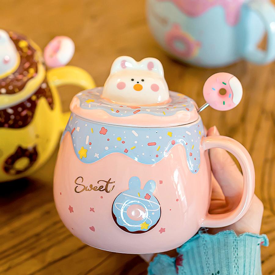 Cốc Sứ Thỏ Donut Cute 400ml Có Nắp 3D Và Thìa Khuấy - Ly Hoạt Hình Dễ Thương Quà Tặng Trẻ Em Bạn Gái Văn Phòng