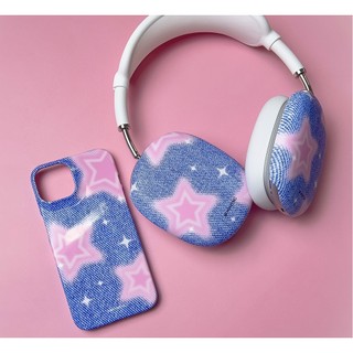 Denim style printed matt / glossy case (12 types) compatible for airpods max / pink blue star heart bear cute korea