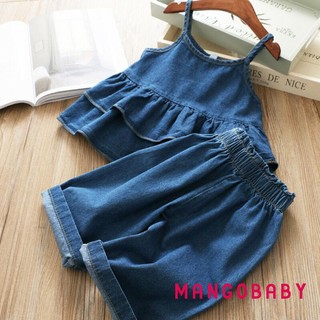 Mg-toddler Girl Trang phục Denim mùa hè, Áo hai dây xù không tay + Quần ống rộng lưng cao Trang phục màu xanh