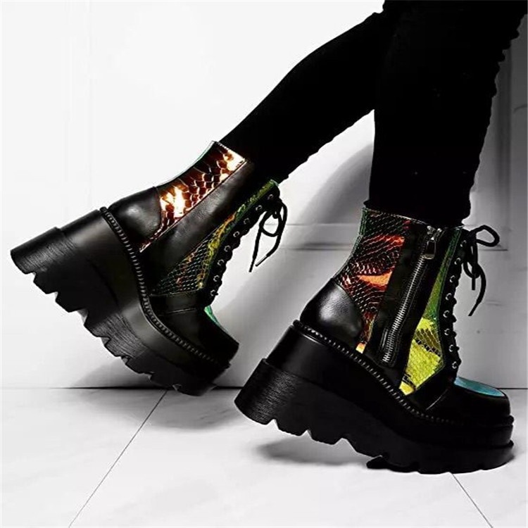 Giày Bốt Cao Gót Đế Xuồng Chống Thấm Nước In Họa Tiết Da Rắn Size Lớn 43 Phong Cách Gothic Punk Cho Nữ