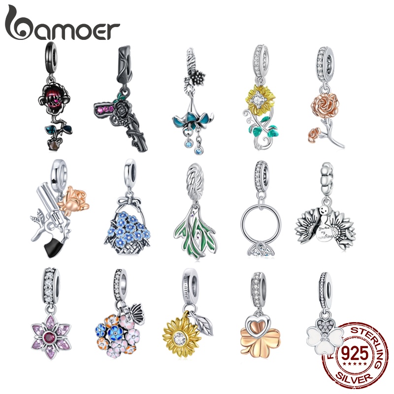 Bamoer Bạc 925 Hoa Hướng Dương / Hoa Hồng / Cỏ Ba Lá Mặt Dây Chuyền DIY Hạt Quà Tặng Trang Sức Phụ Kiện Cho Vòng Tay