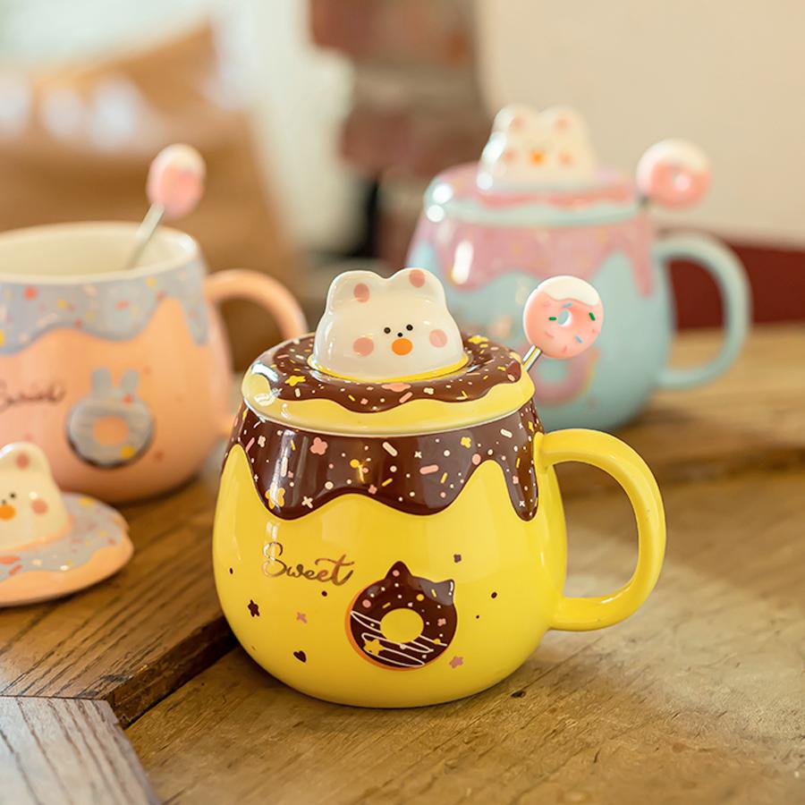 Cốc Sứ Thỏ Donut Cute 400ml Có Nắp 3D Và Thìa Khuấy - Ly Hoạt Hình Dễ Thương Quà Tặng Trẻ Em Bạn Gái Văn Phòng