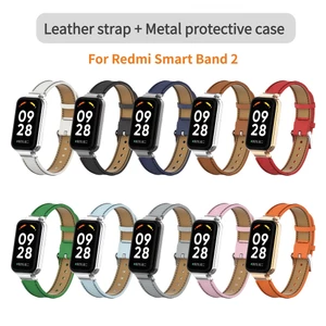 Dây Đeo Bằng Da + Khung Kim Loại Bảo Vệ Cho Redmi Smart Band 2 Band 2 Xiaomi Mi Band 8 Active