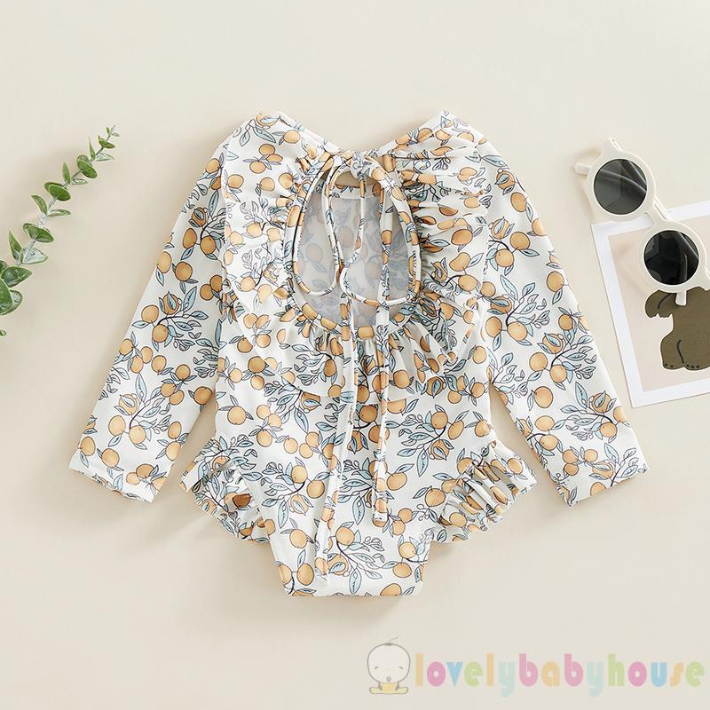 Bộ Đồ Bơi Nhún Bèo Tay Dài Họa Tiết Hoa Dễ Thương Cho Bé Gái
